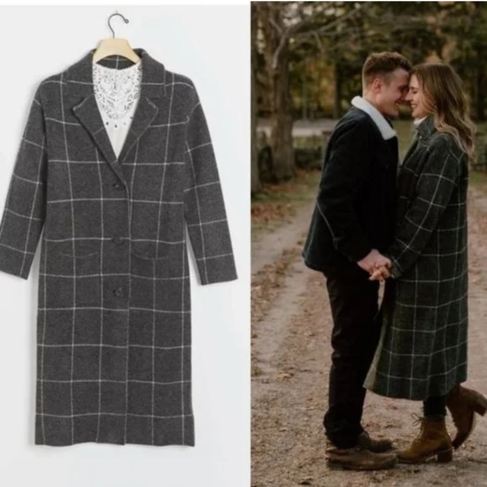 New Anthropologie Solenne Windowpane Plaid Gray White Soft Sweater Jacket Coat S